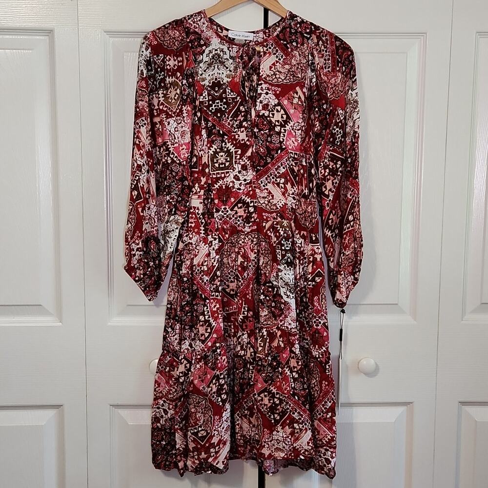 Calvin Klein Womens Red Floral Abstract Balloon Sleeve Peplum Hem Dress Size 2